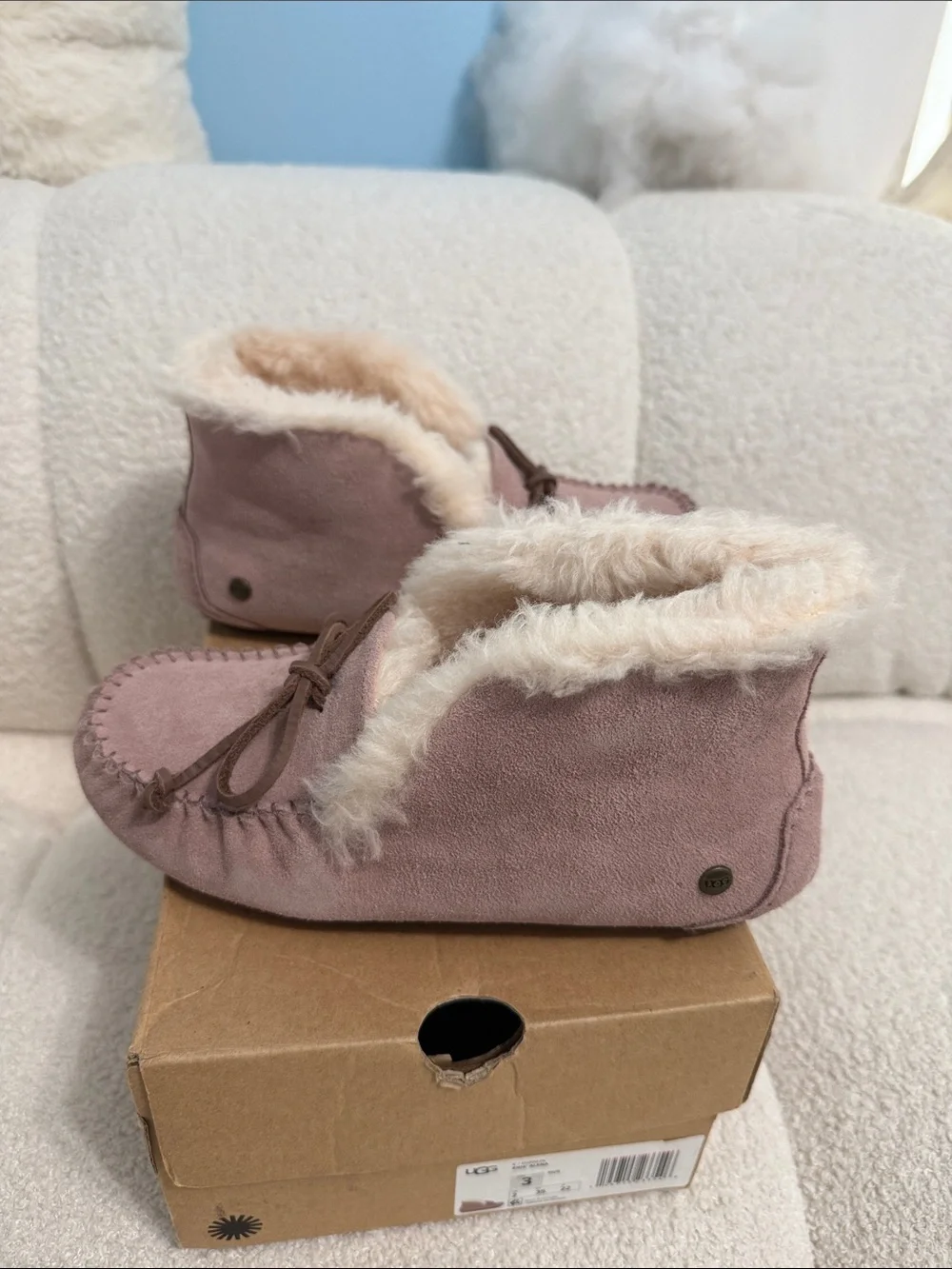 UGG Kids Pink Suede Faux-Fur Moccasin Slippers